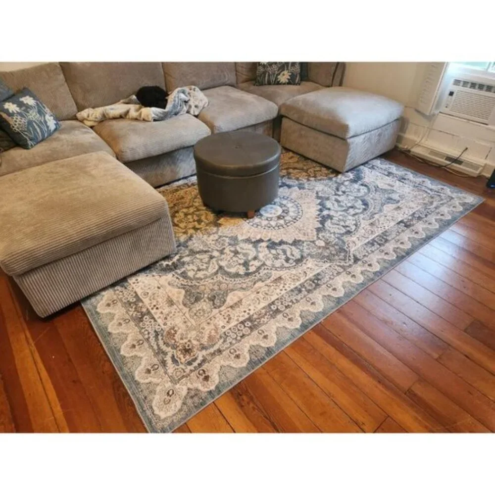New 6x9 Blue Vintage Washable Rug Non-Slip Low Pile Carpet for Home & Room